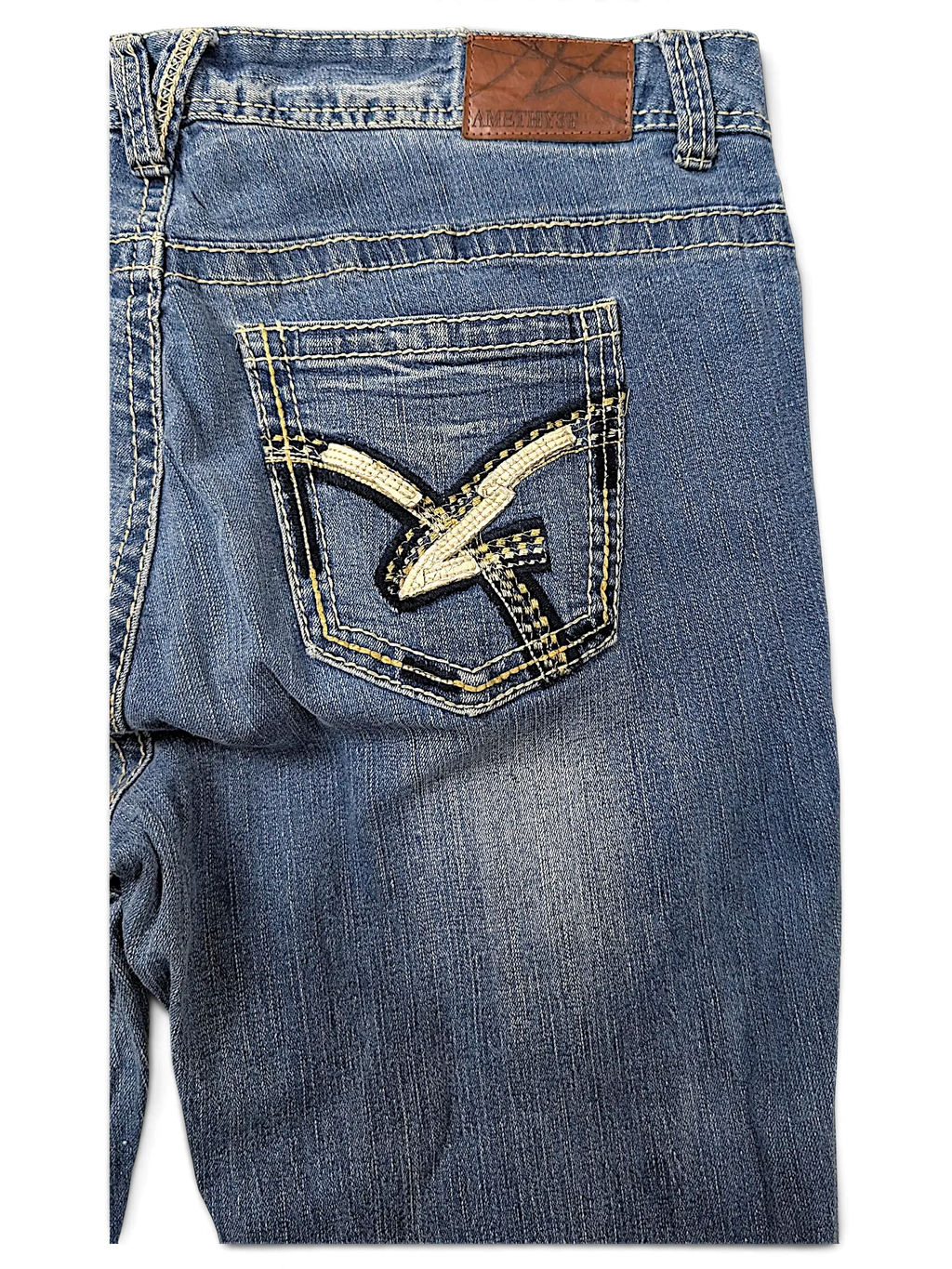 JAKE & IPI Amethyst Y2K blue denim jeans featuring contrast stitching and embroidered back pocket detail