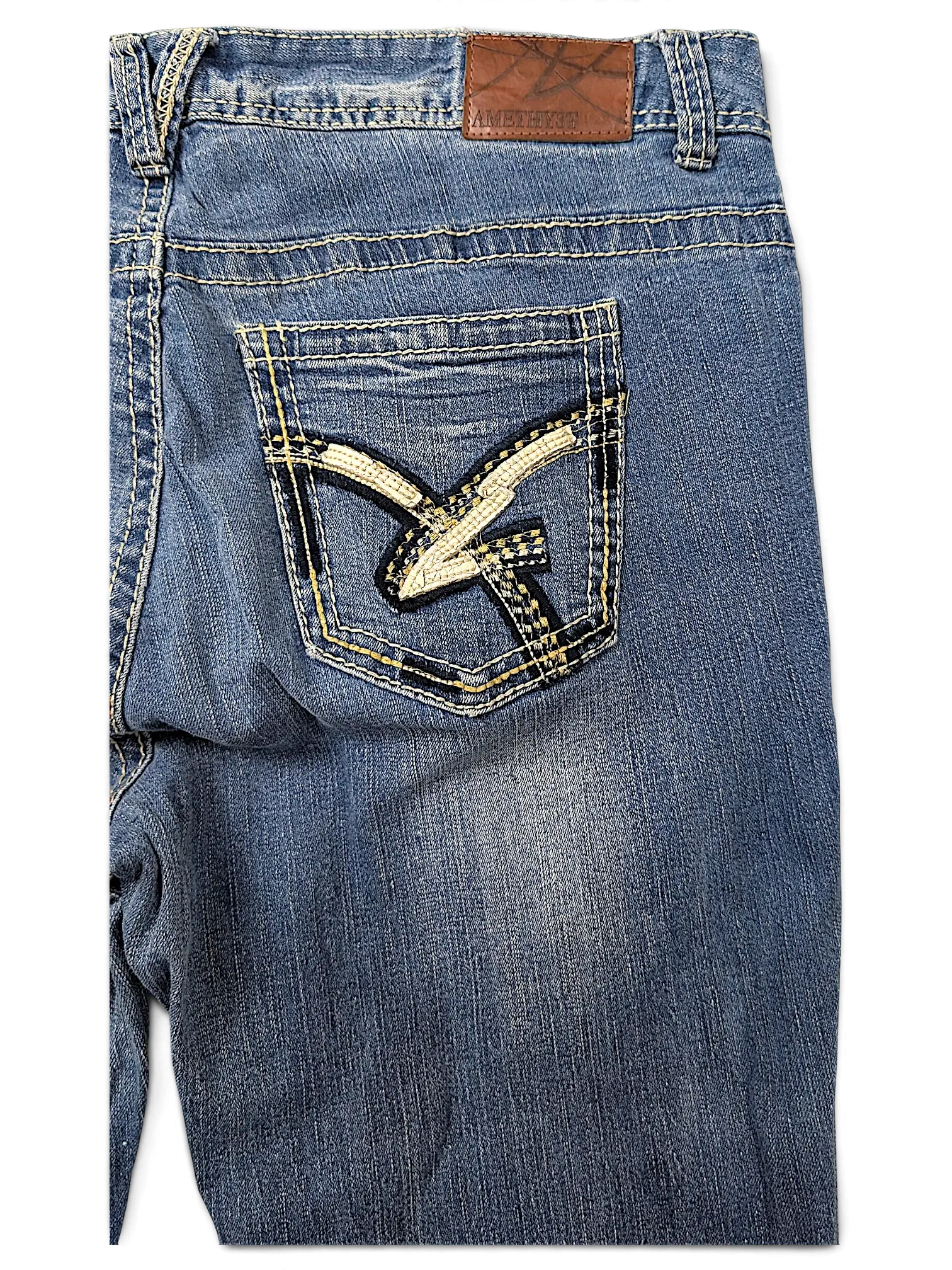 JAKE & IPI Amethyst Y2K blue denim jeans featuring contrast stitching and embroidered back pocket detail