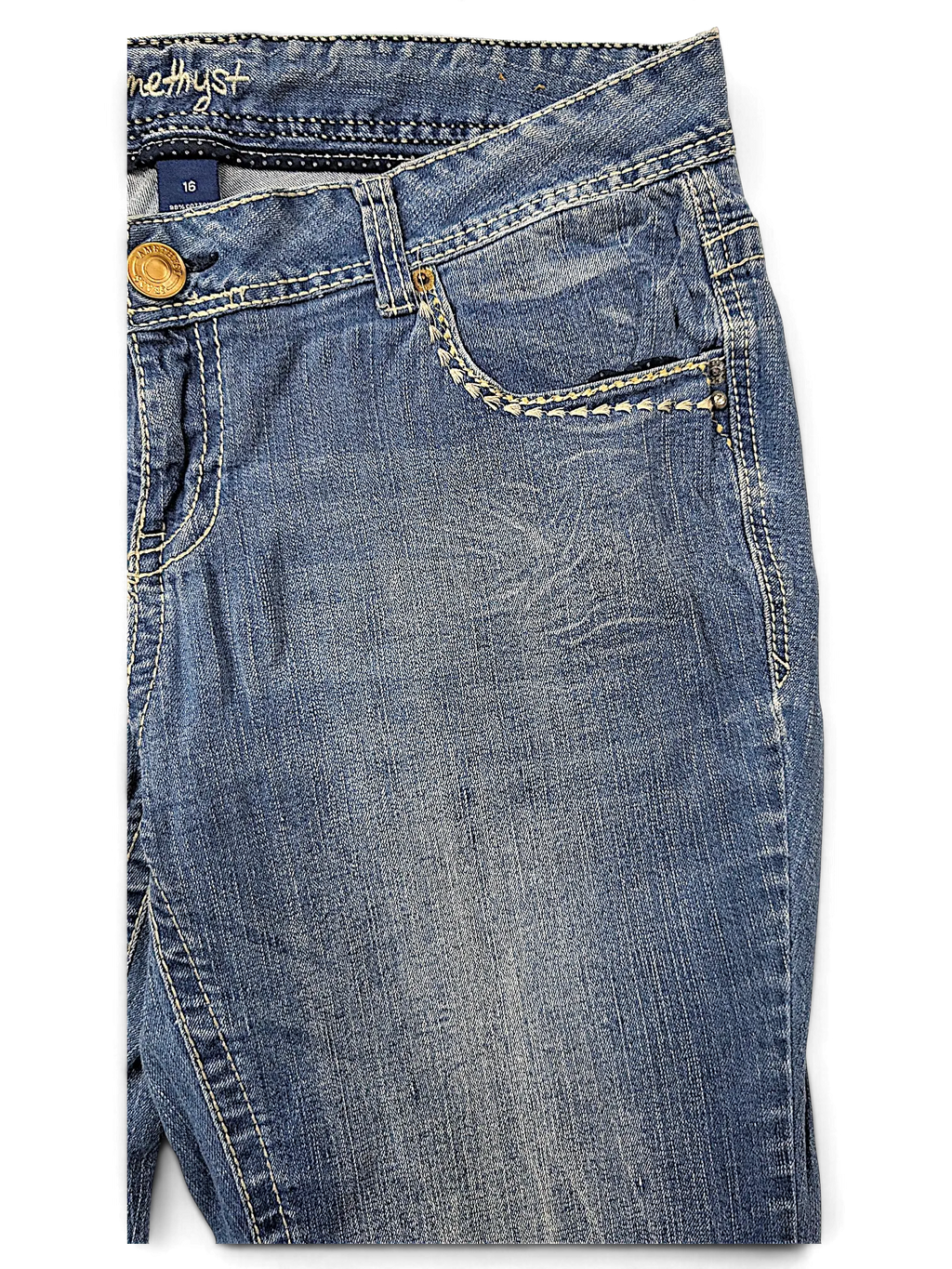 JAKE & IPI Amethyst Y2K blue denim jeans with contrast stitching and decorative embroidery on the front pocket