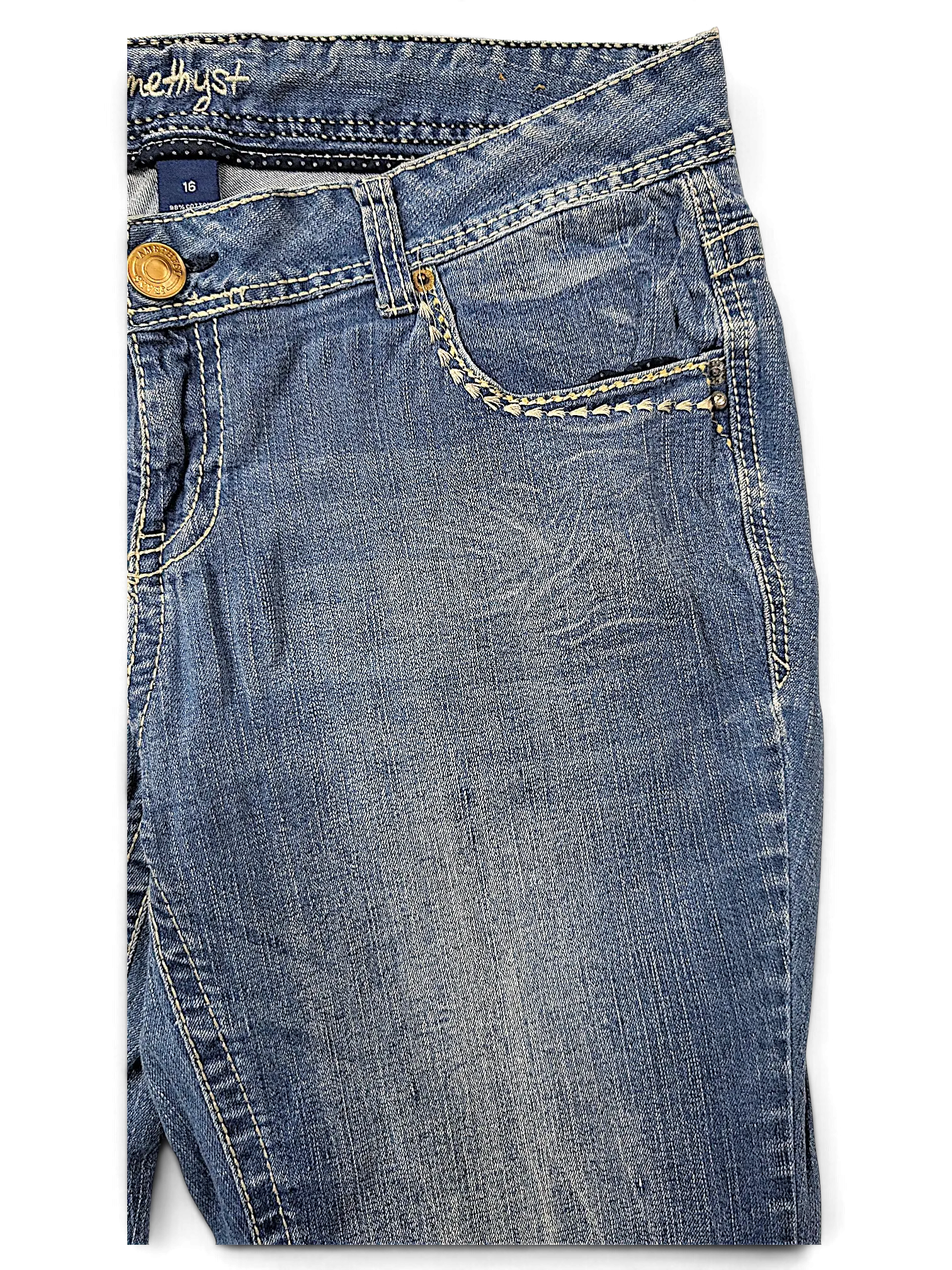 JAKE & IPI Amethyst Y2K blue denim jeans with contrast stitching and decorative embroidery on the front pocket