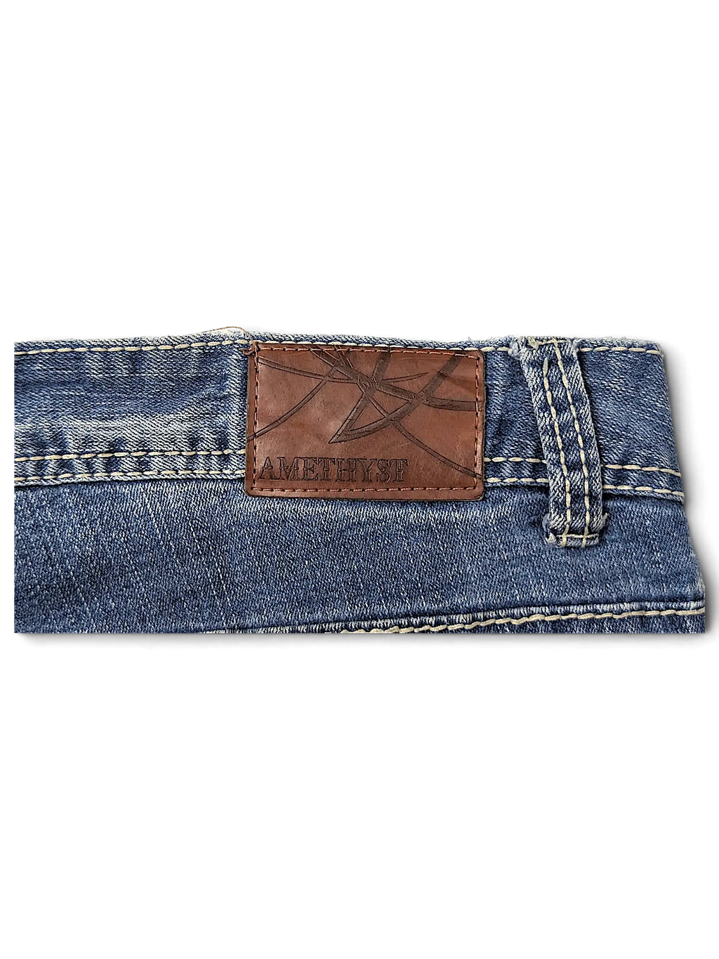 JAKE & IPI Amethyst Y2K jeans featuring a brown leather back patch with embossed logo and contrast stitching