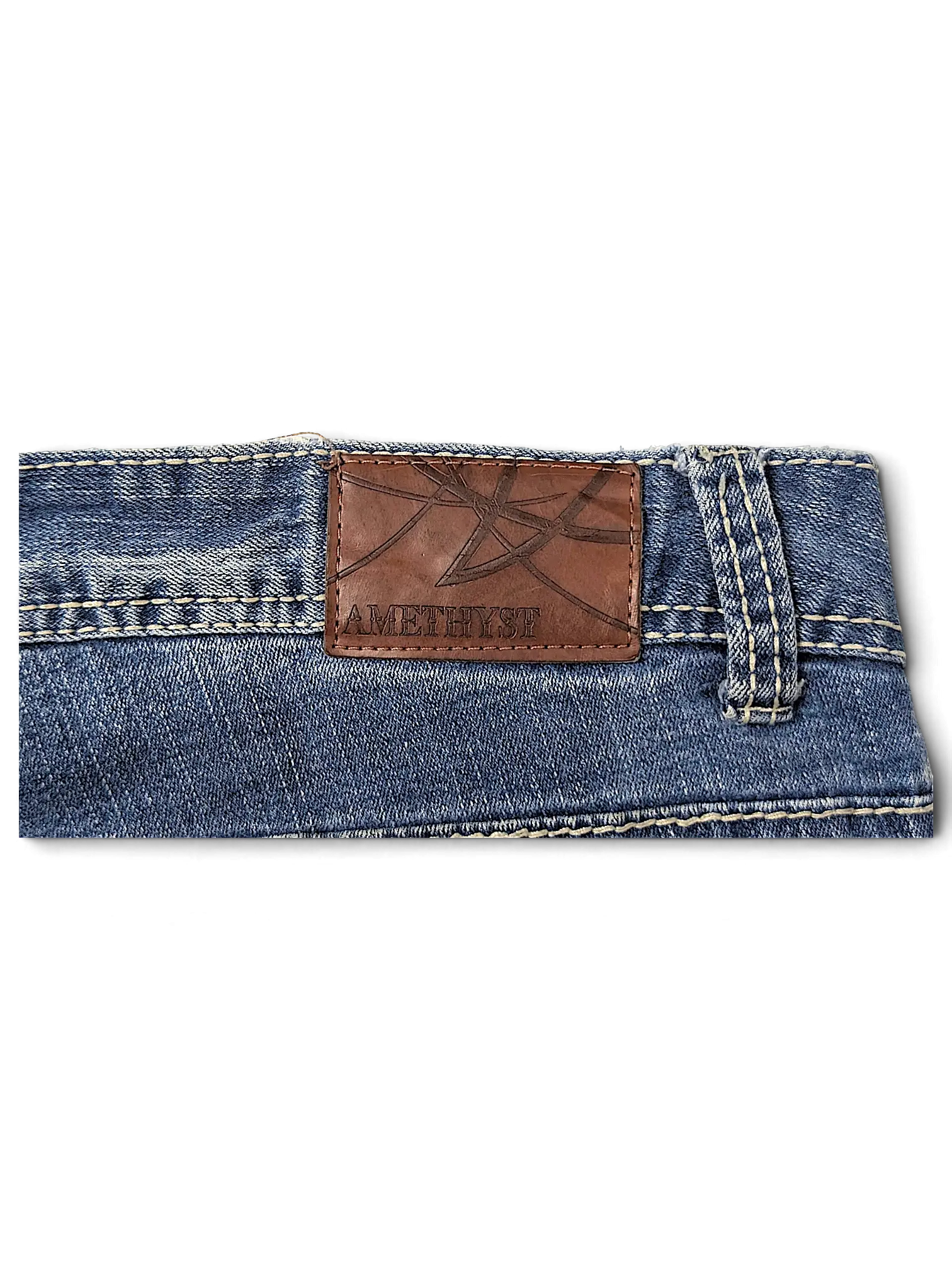 JAKE & IPI Amethyst Y2K jeans featuring a brown leather back patch with embossed logo and contrast stitching