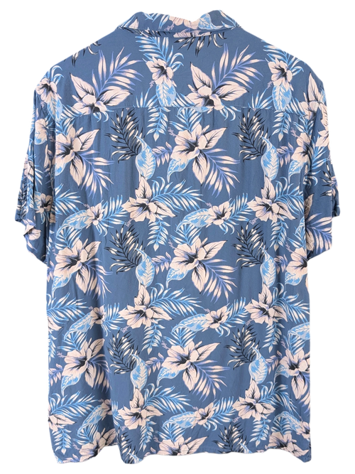 JAKE & IPI Angelo Litrico blue Hawaiian shirt with white and dark blue tropical floral and leaf print pattern