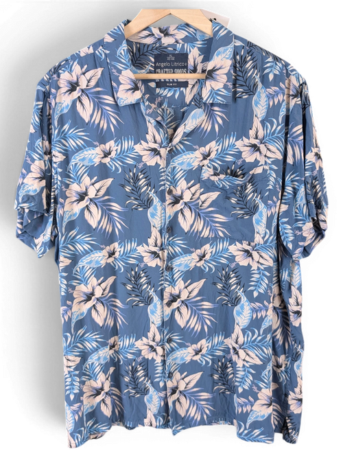 JAKE & IPI Angelo Litrico blue Hawaiian shirt with a floral leaf print, short sleeves, and a slim fit cut.