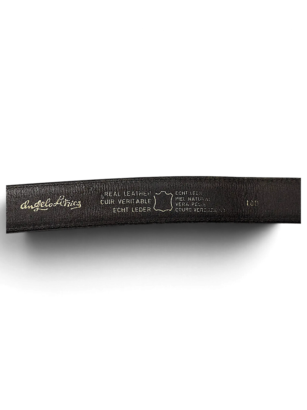 JAKE & IPI Angelo Litrico brown real leather belt interior with gold embossed branding and size 100 label