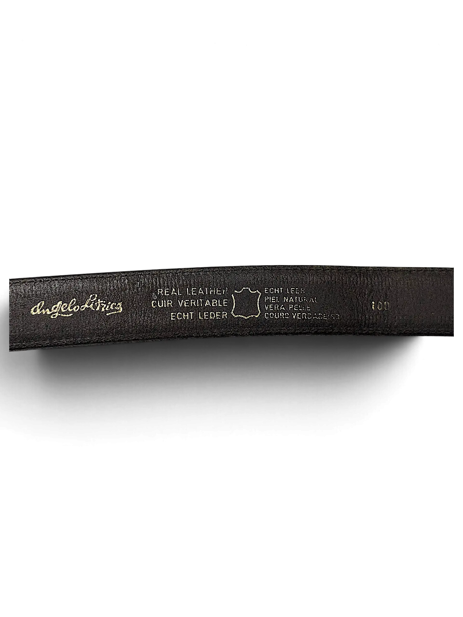 JAKE & IPI Angelo Litrico brown real leather belt interior with gold embossed branding and size 100 label