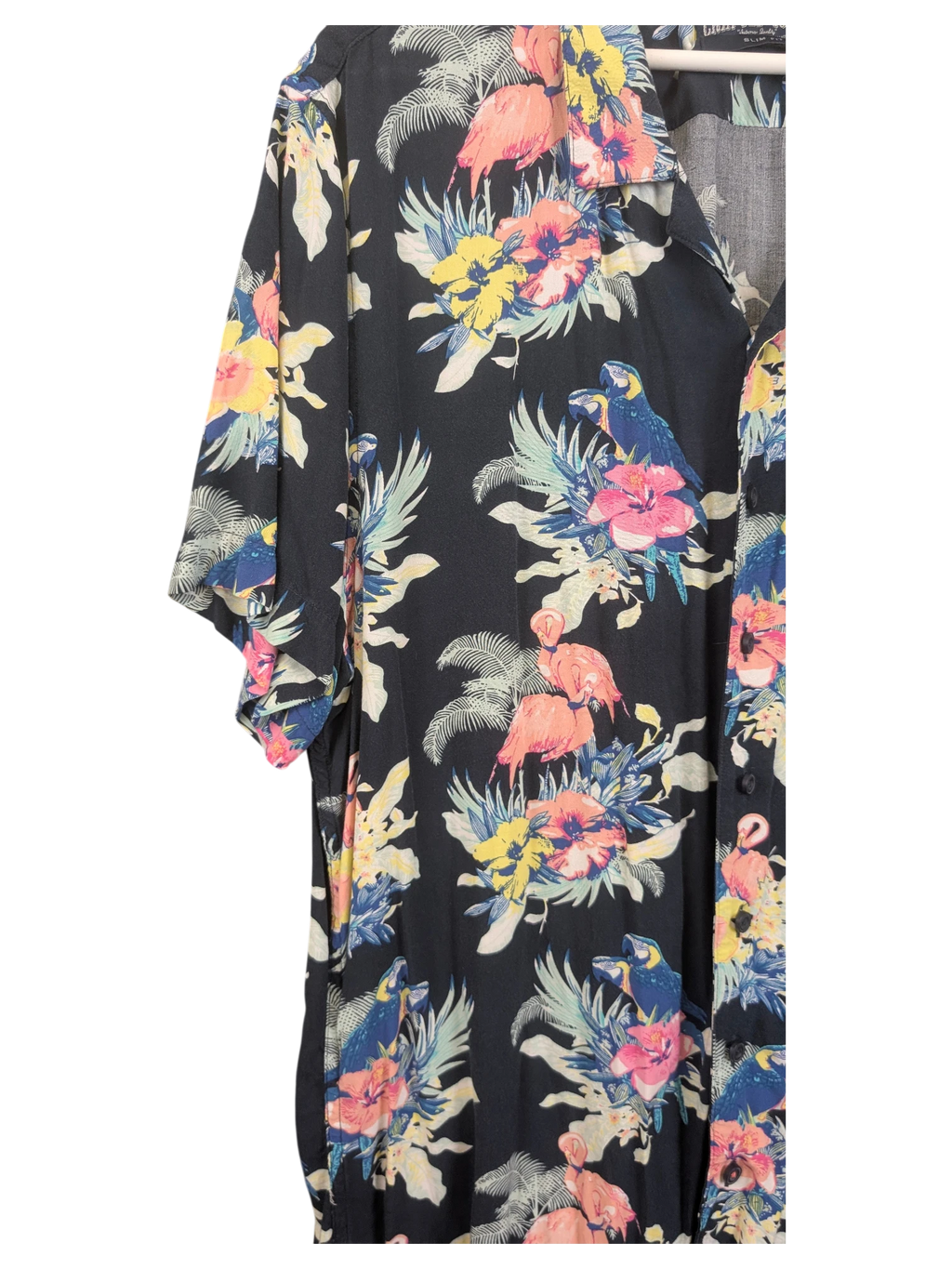 JAKE & IPI Angelo Litrico black Hawaiian shirt with vibrant pink flamingo and tropical parrot floral print