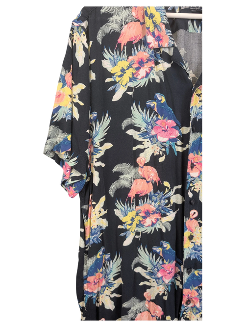 JAKE & IPI Angelo Litrico black Hawaiian shirt with vibrant pink flamingo and tropical parrot floral print