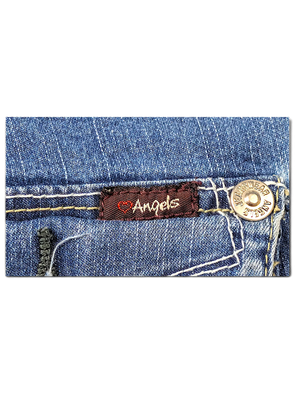 JAKE & IPI Angels Y2K blue denim jeans featuring a brown brand label with a heart icon and branded metal button