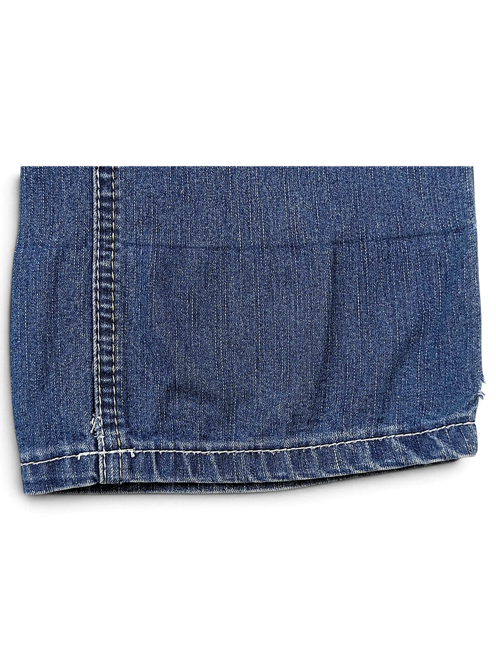 JAKE & IPI Angels Y2K jeans featuring dark blue denim with thick white contrast stitching on the hem.