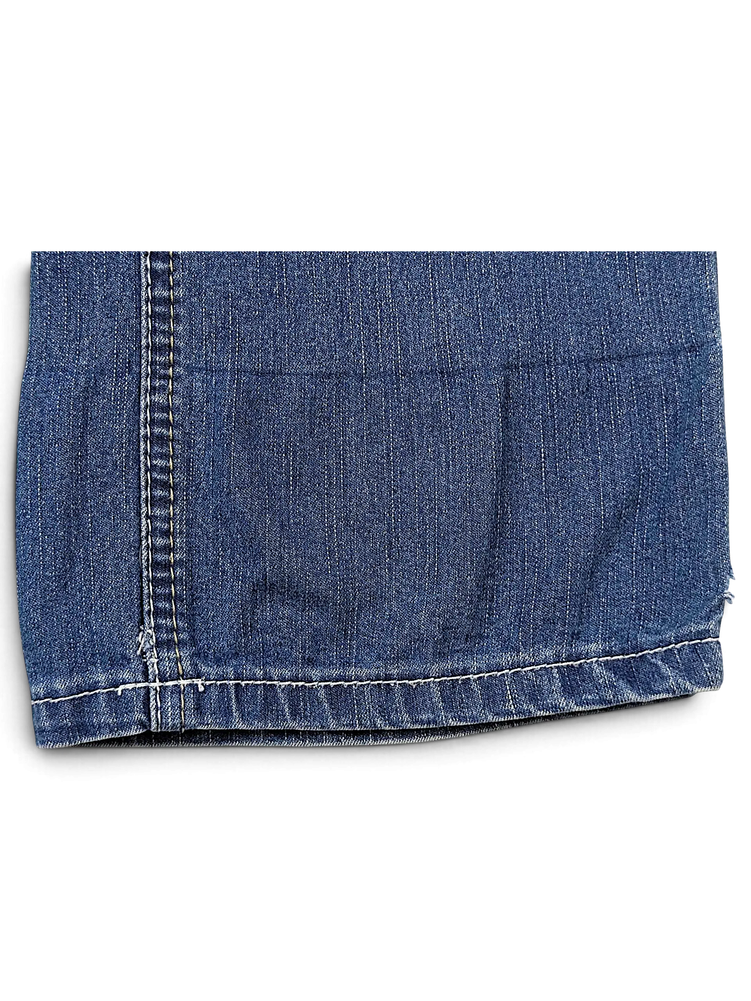 JAKE & IPI Angels Y2K jeans featuring dark blue denim with thick white contrast stitching on the hem.