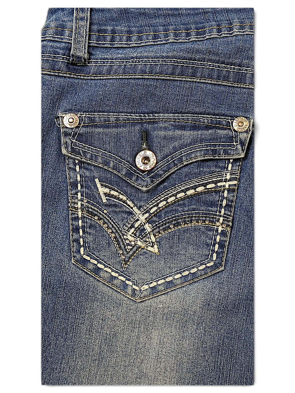 JAKE & IPI Angels Y2K blue denim jeans featuring a back pocket with white contrast stitching and metallic studs.