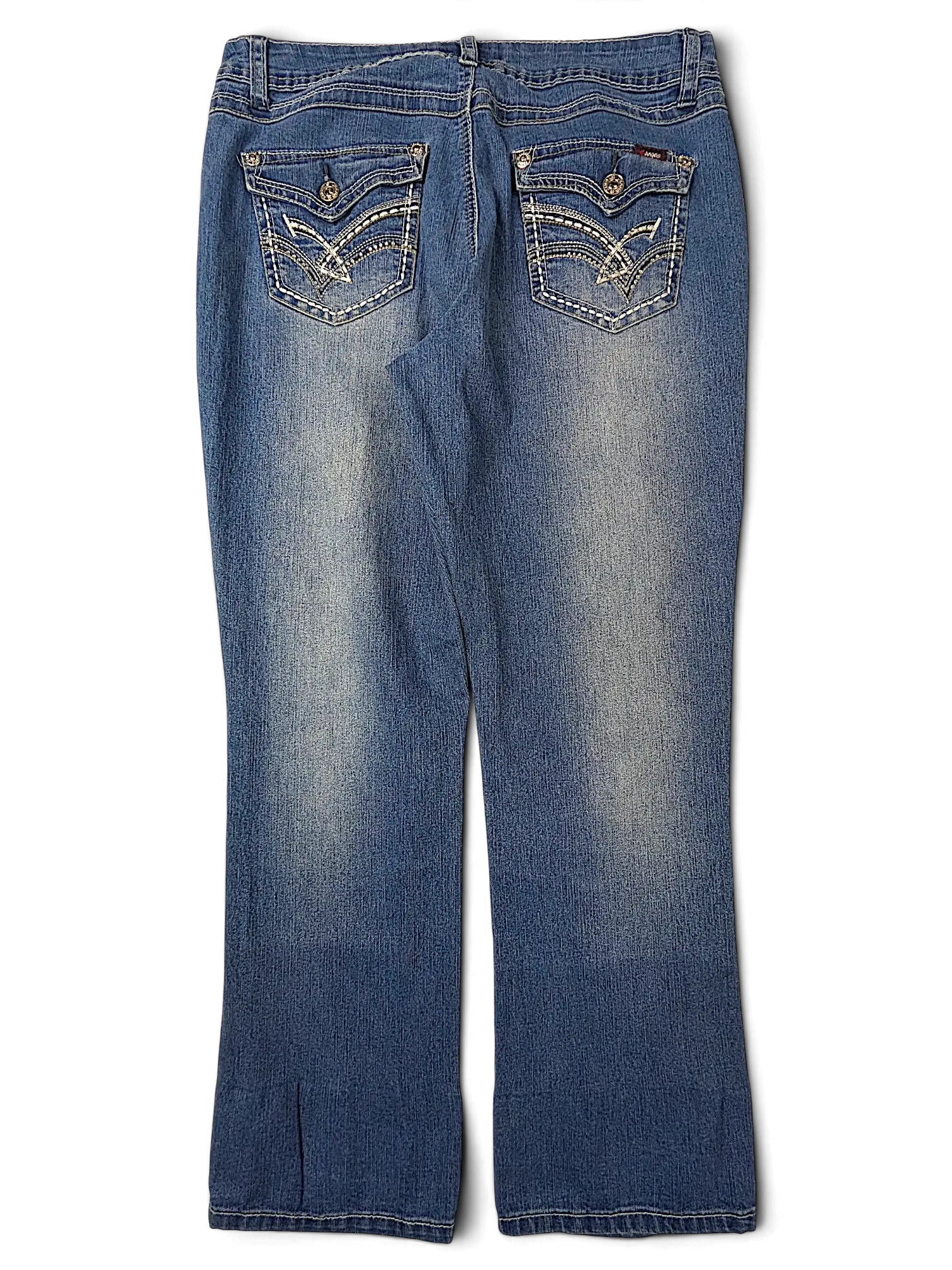 JAKE & IPI Angels Y2K blue denim jeans featuring decorative embroidered back pockets with button flaps