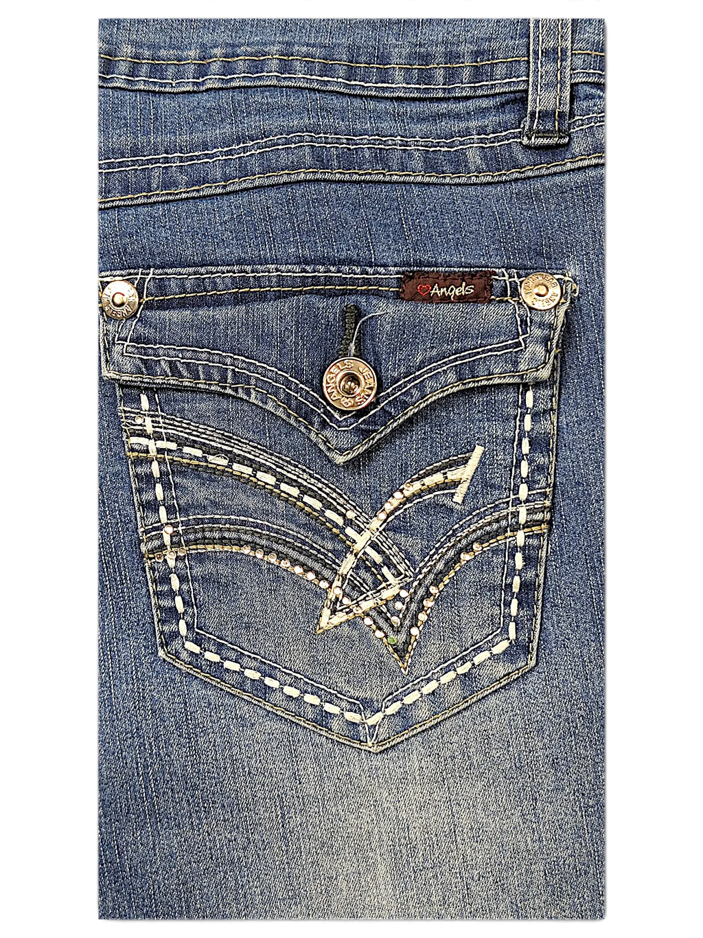 JAKE & IPI Angels Y2K blue denim jeans featuring a back pocket with white contrast stitching and metallic buttons.