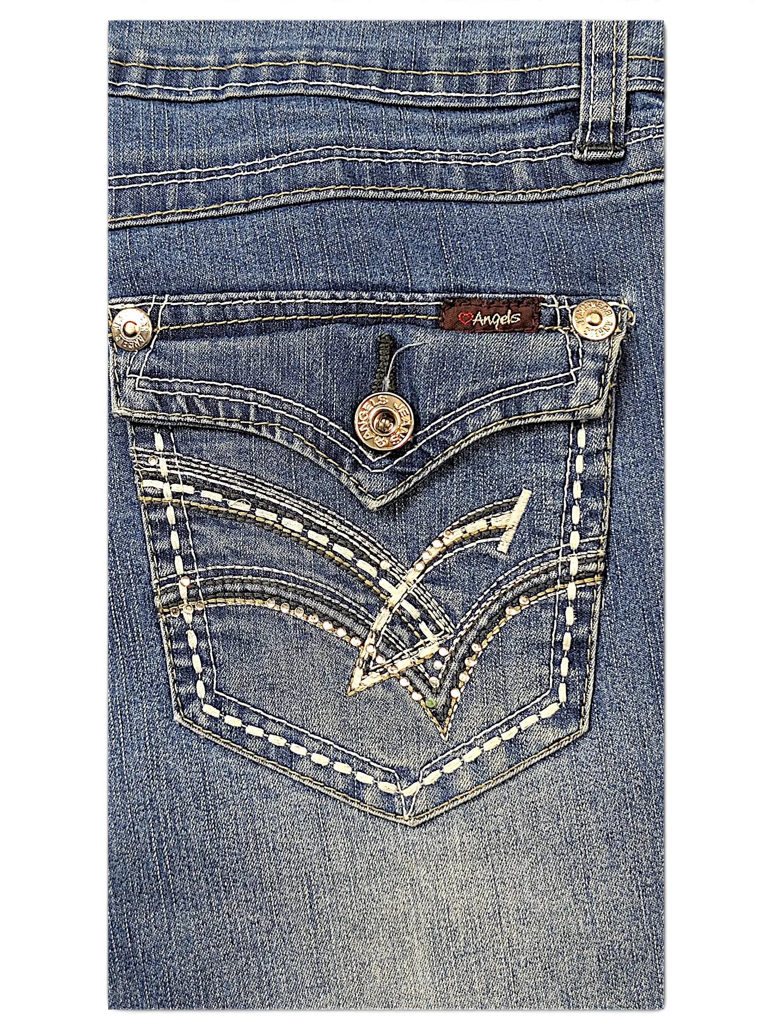 JAKE & IPI Angels Y2K blue denim jeans featuring a back pocket with white contrast stitching and metallic buttons.