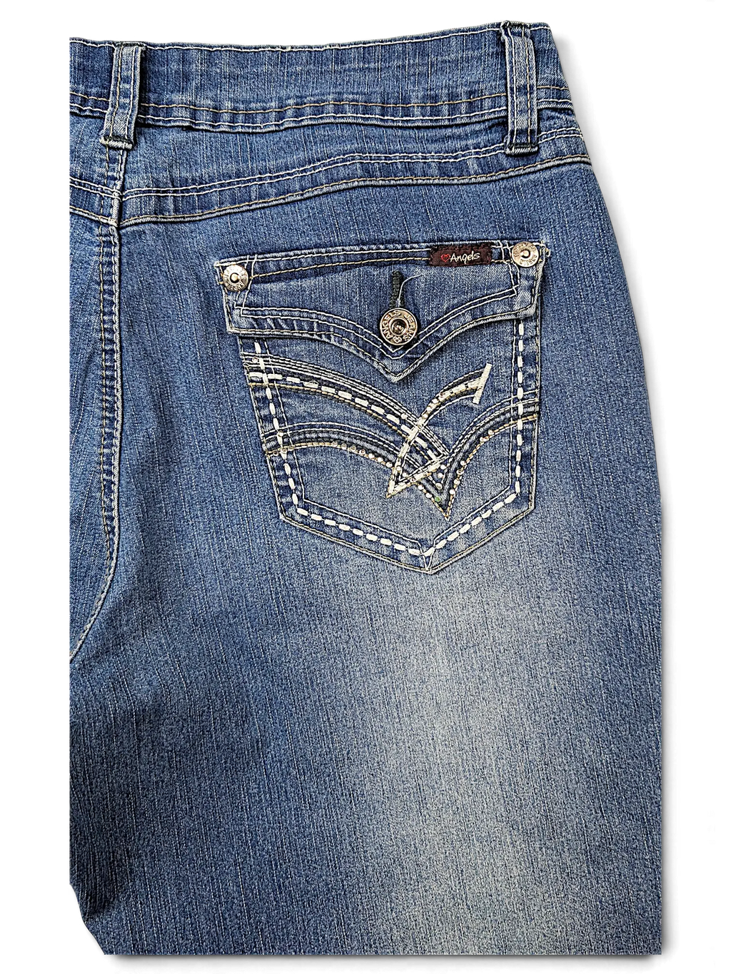 JAKE & IPI Angels Y2K blue denim jeans featuring a back pocket with decorative white stitching and metal hardware.