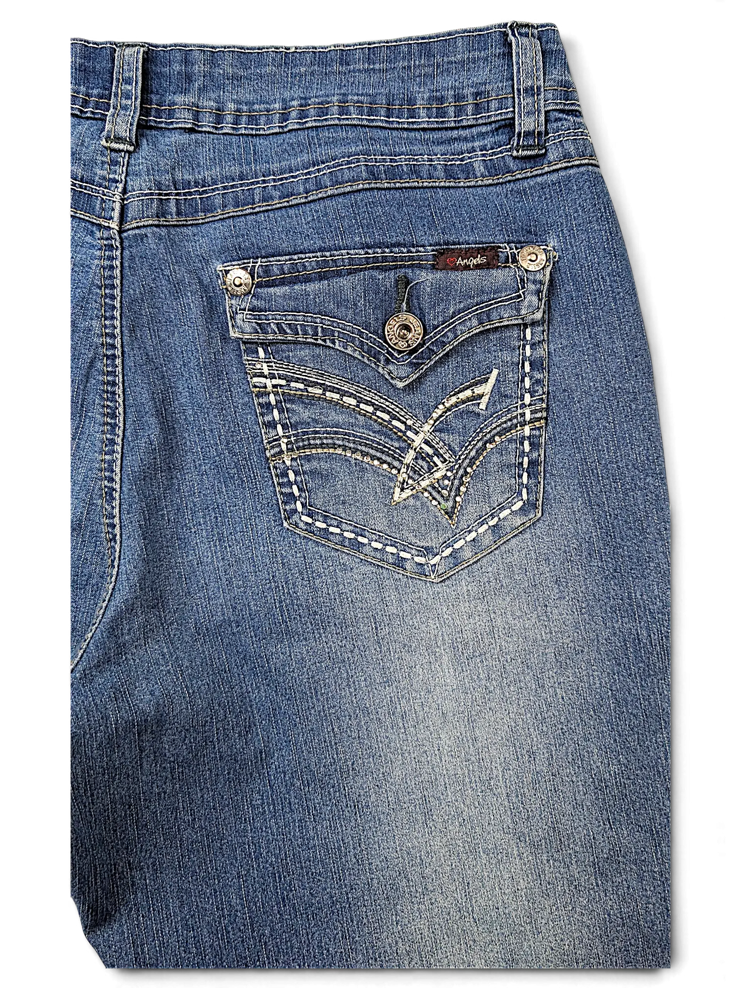 JAKE & IPI Angels Y2K blue denim jeans featuring a back pocket with decorative white stitching and metal hardware.