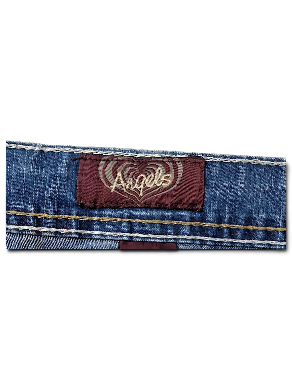 JAKE & IPI Angels Y2K blue denim jeans featuring a brown brand patch with a heart logo and contrast stitching.