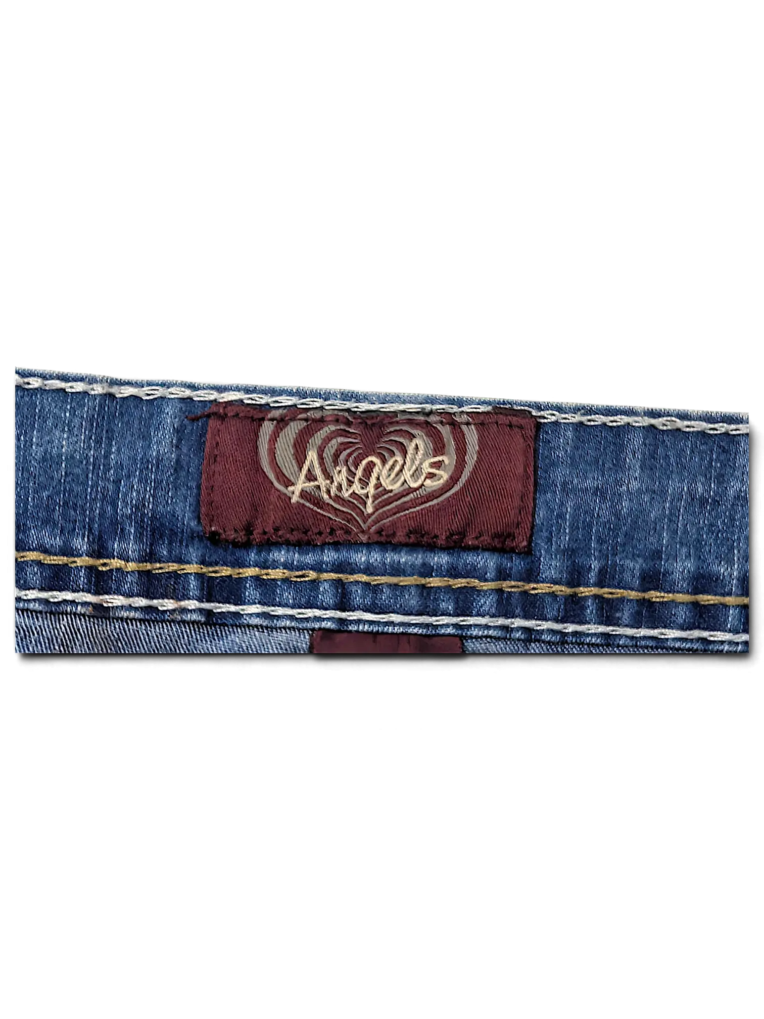 JAKE & IPI Angels Y2K blue denim jeans featuring a brown brand patch with a heart logo and contrast stitching.