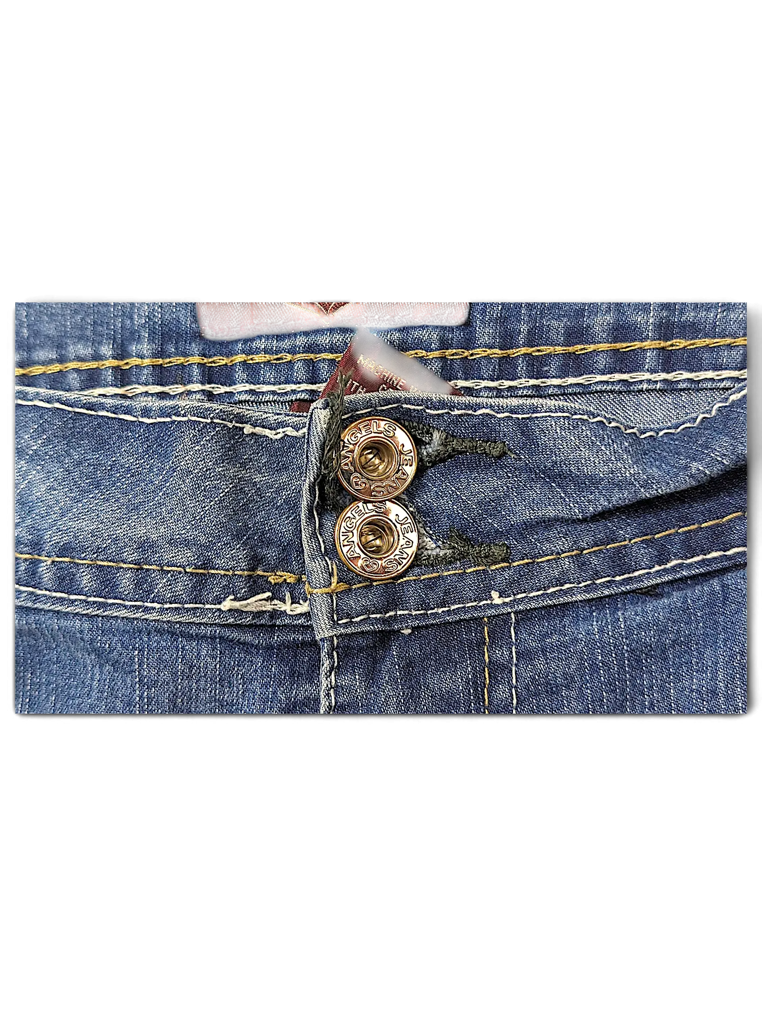 JAKE & IPI Angels Y2K jeans featuring a double button closure with gold-tone branded hardware and contrast stitching.