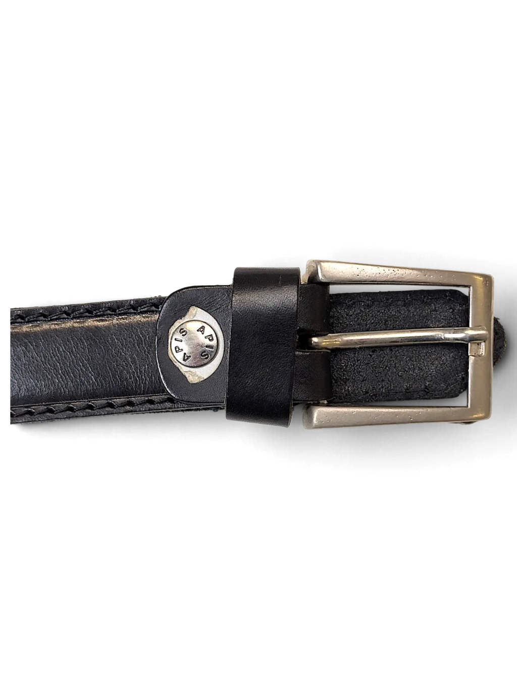 JAKE & IPI Apis black leather belt featuring a silver-toned metal buckle and branded stud detail.