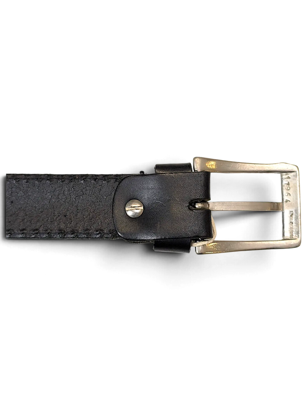JAKE & IPI Apis black leather belt featuring a silver-toned metal buckle and stitched detailing