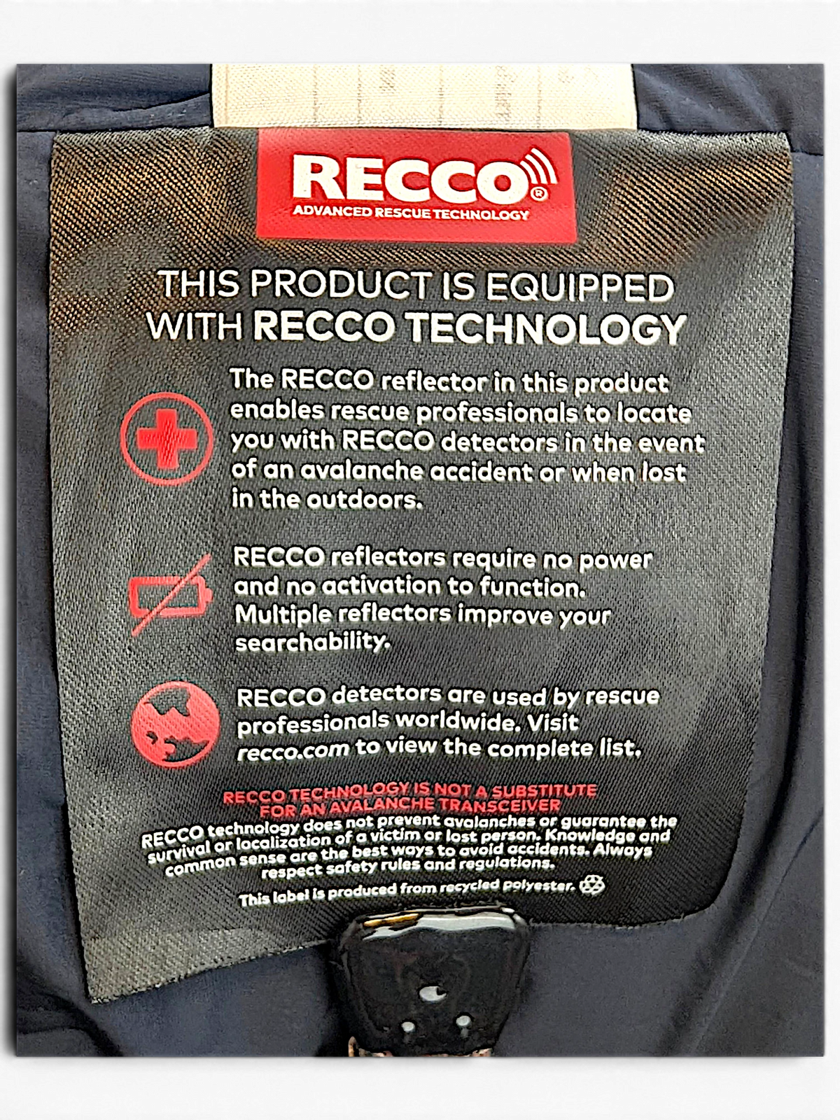 RECCO reflector detail inside Arc'teryx Beta Insulated Jacket