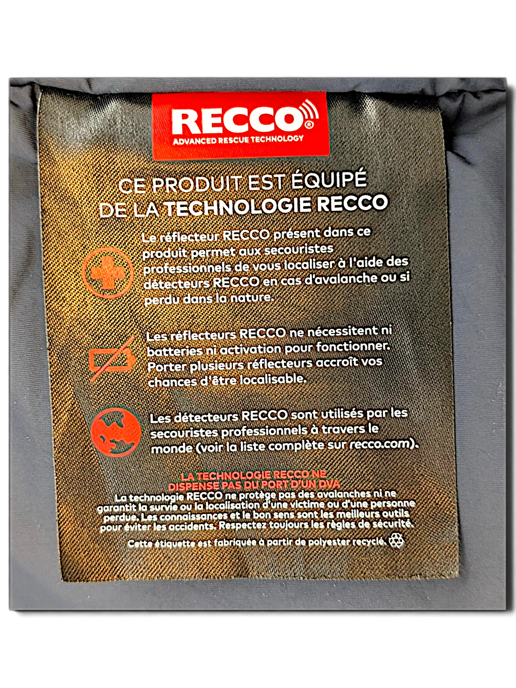 RECCO rescue technology information label inside Arc'teryx jacket