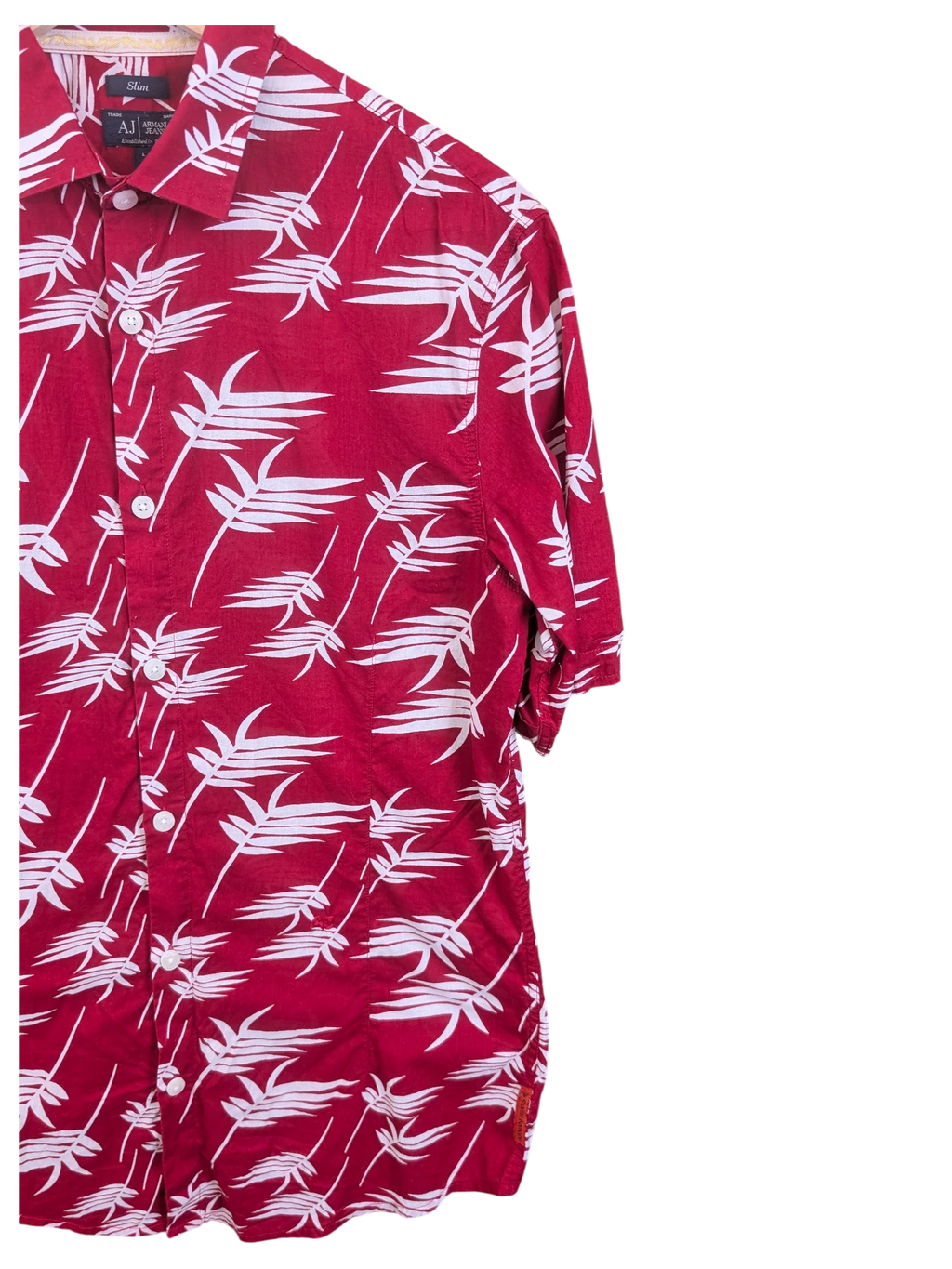 JAKE & IPI Armani Jeans slim fit red Hawaiian shirt with white tropical leaf print and button-down front
