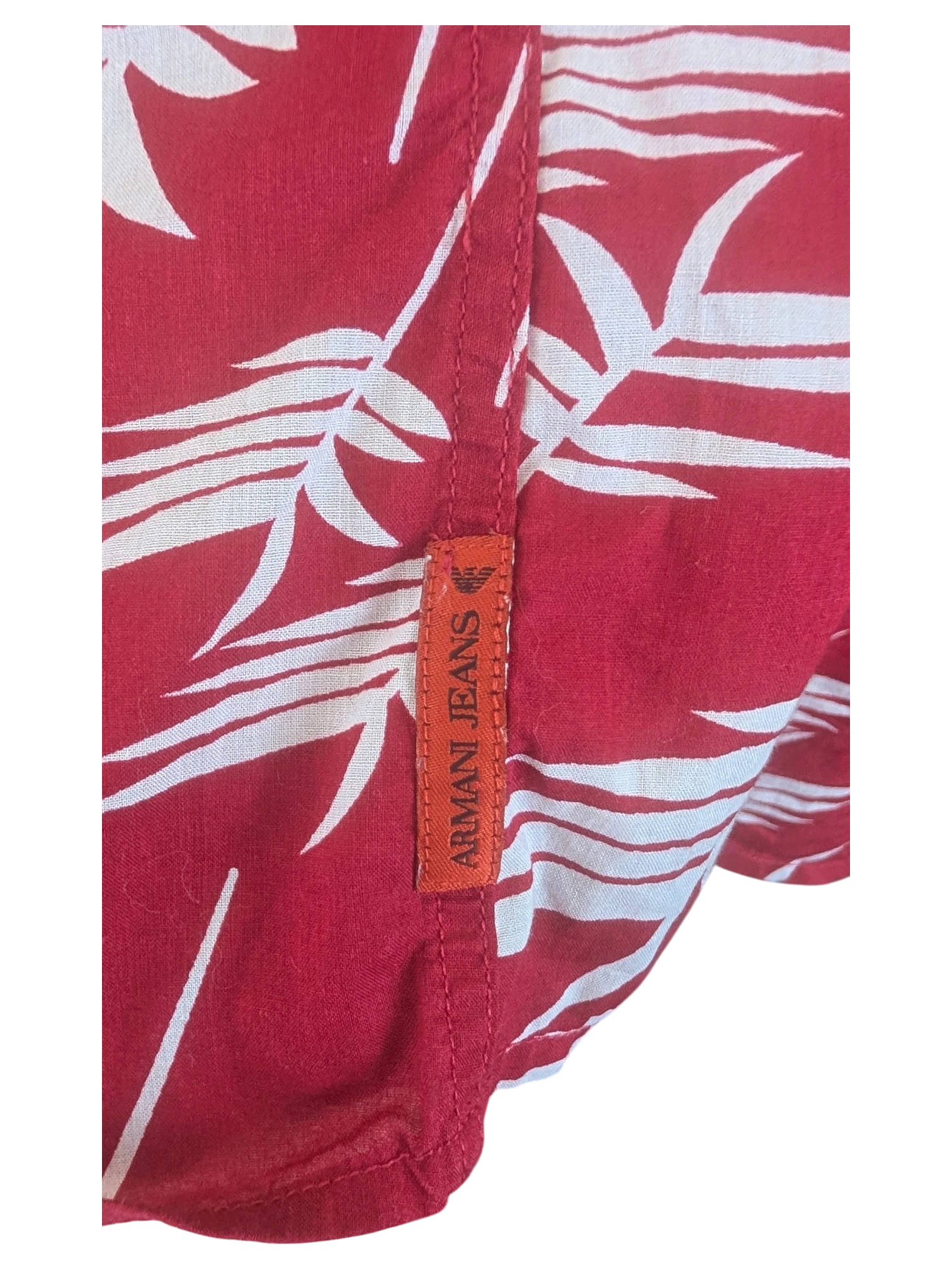 JAKE & IPI Armani Jeans red Hawaiian shirt with white tropical leaf print and branded fabric label