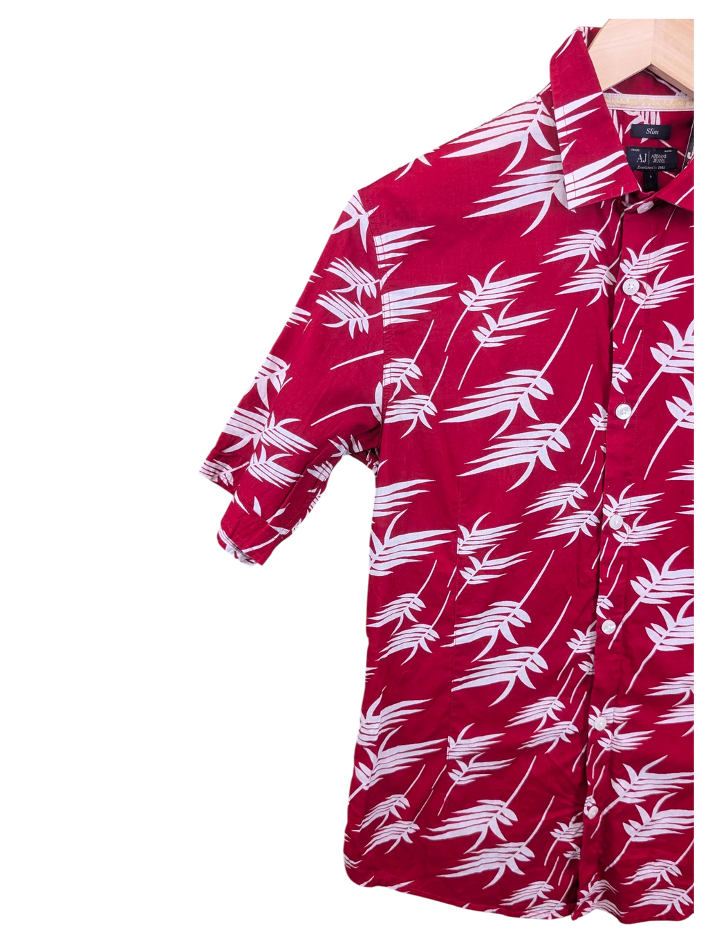 JAKE & IPI Armani Jeans red short-sleeve Hawaiian shirt with white tropical leaf print and slim fit design