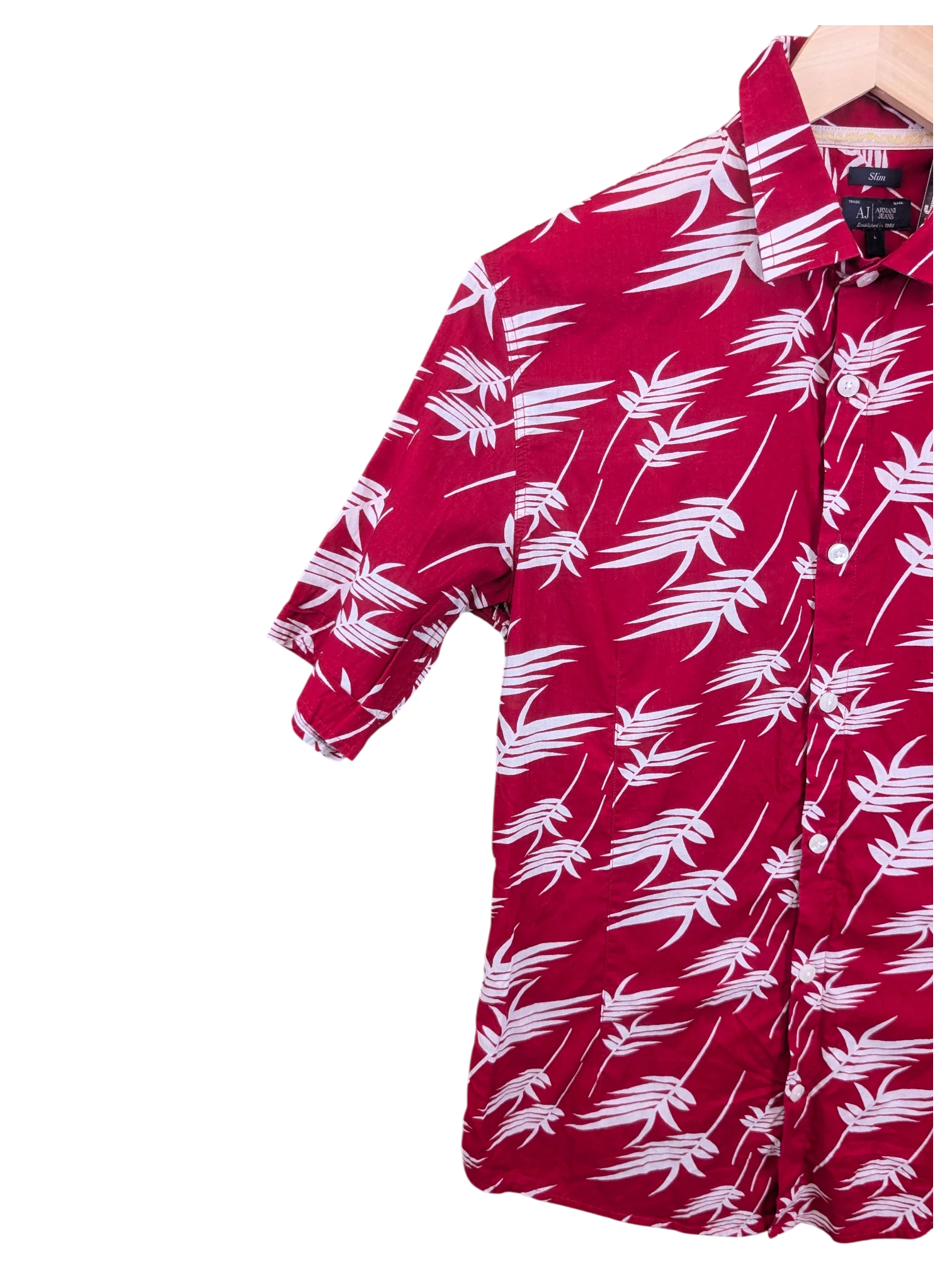 JAKE & IPI Armani Jeans red short-sleeve Hawaiian shirt with white tropical leaf print and slim fit design