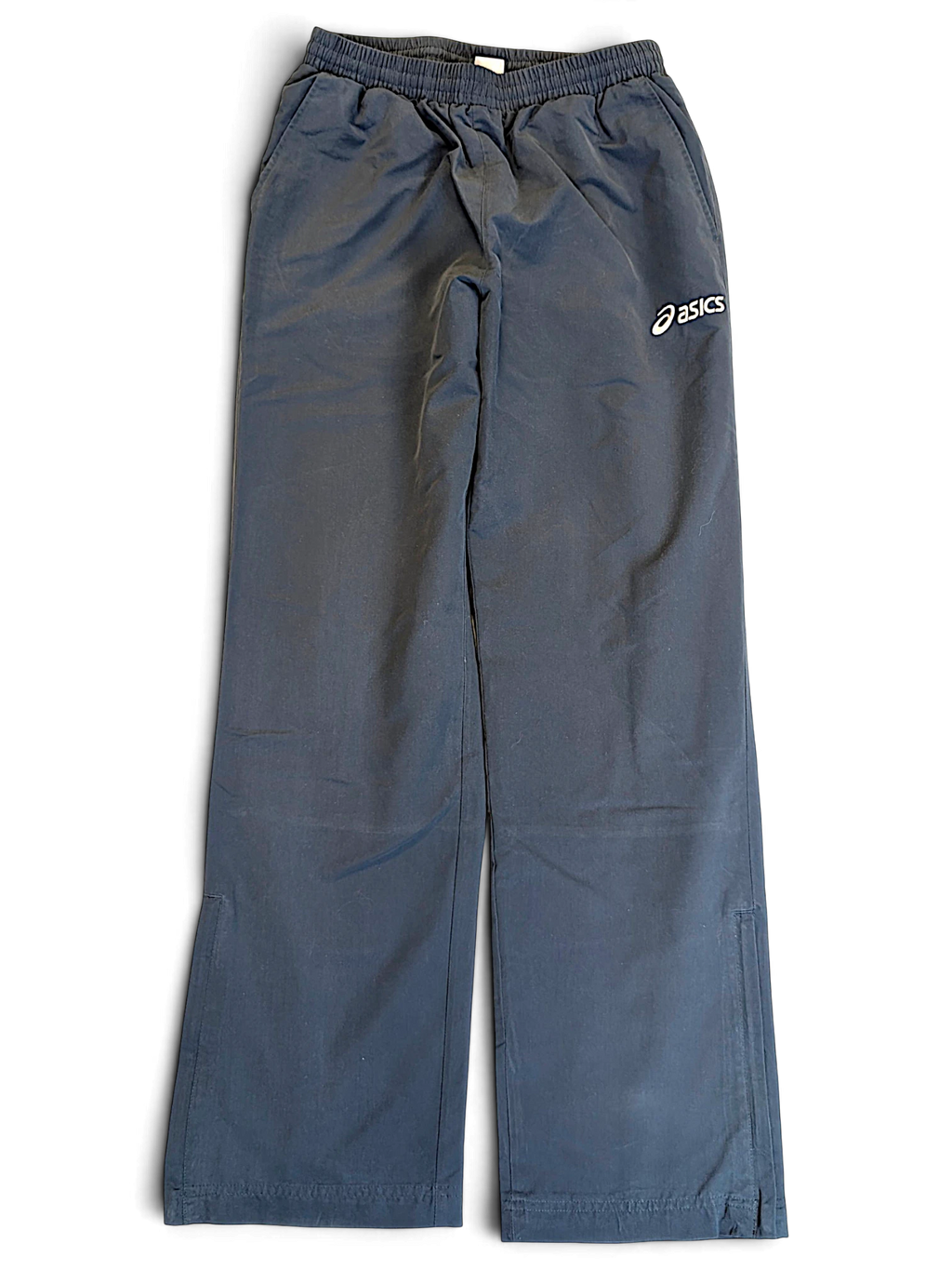 JAKE & IPI pre-owned ASICS light blue straight-leg track pants with elastic waist and logo detail.
