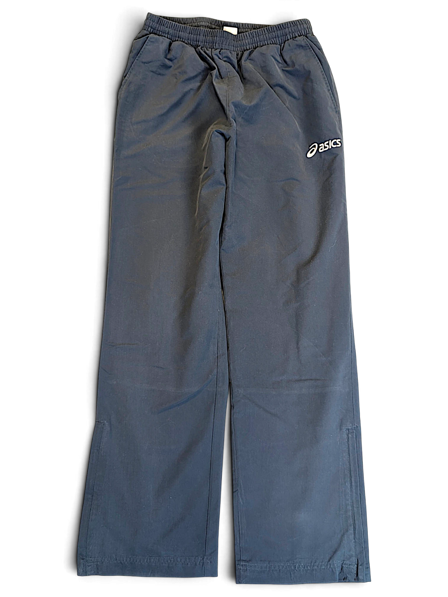 JAKE & IPI pre-owned ASICS light blue straight-leg track pants with elastic waist and logo detail.