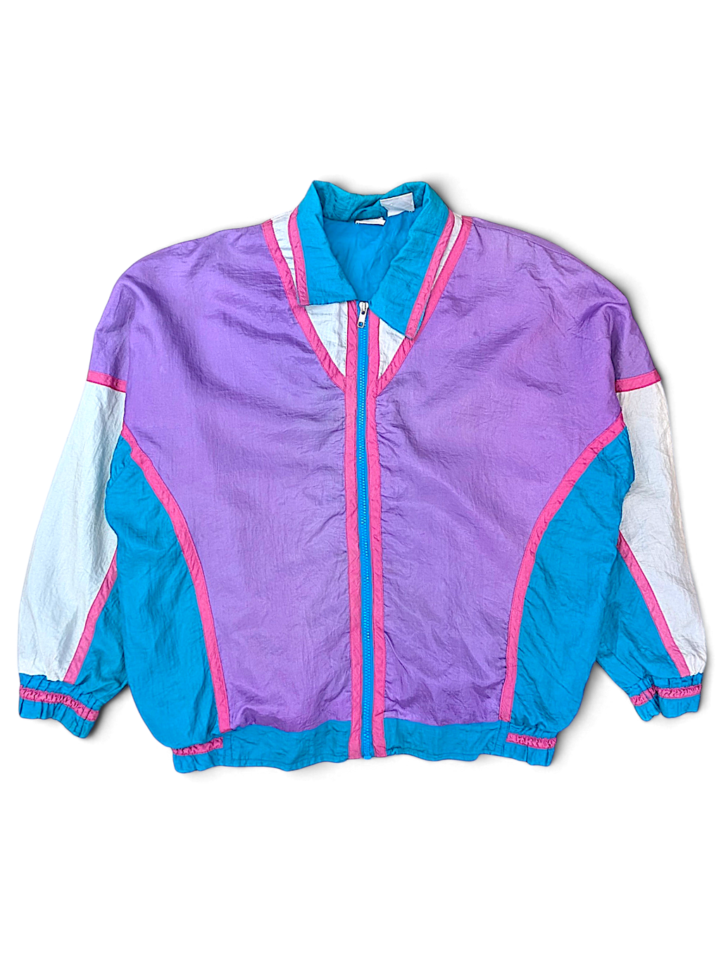 Athletic Works Purple and Teal Colourblock Windbreaker; Front view of the purple, teal and white windbreaker.