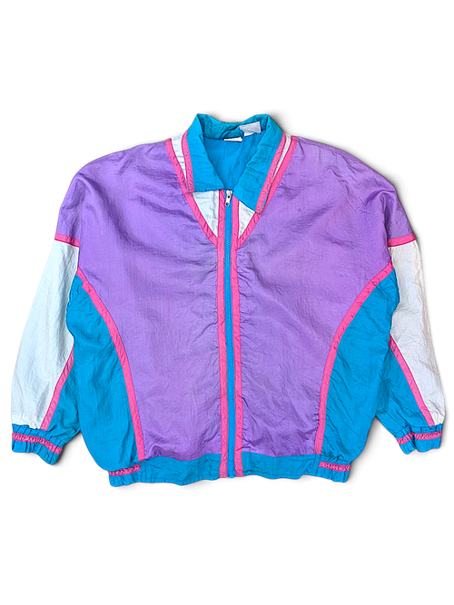 Athletic Works Purple and Teal Colourblock Windbreaker; Front view of the purple, teal and white windbreaker.