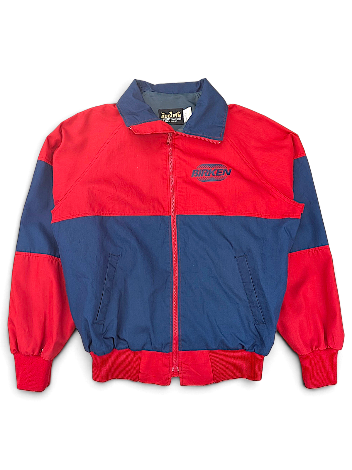 Auburn Sportswear Birken Red and Navy Jacket; Front view with red and navy panels and Birken lettering.