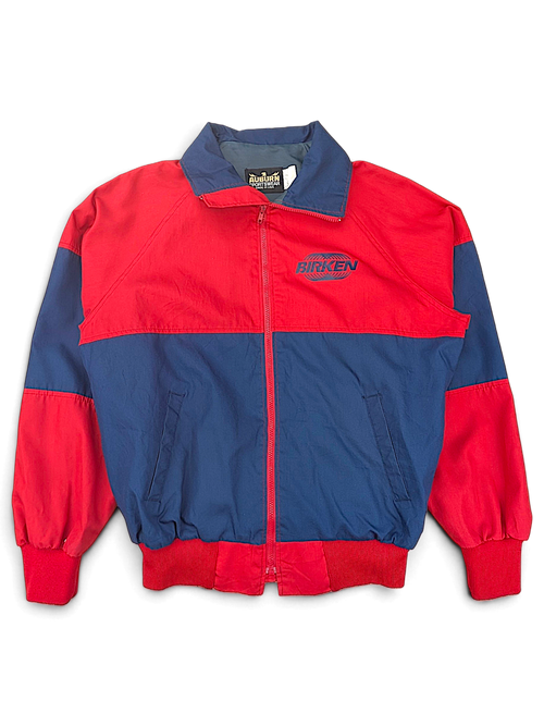 Auburn Sportswear Birken Red and Navy Jacket; Front view with red and navy panels and Birken lettering.