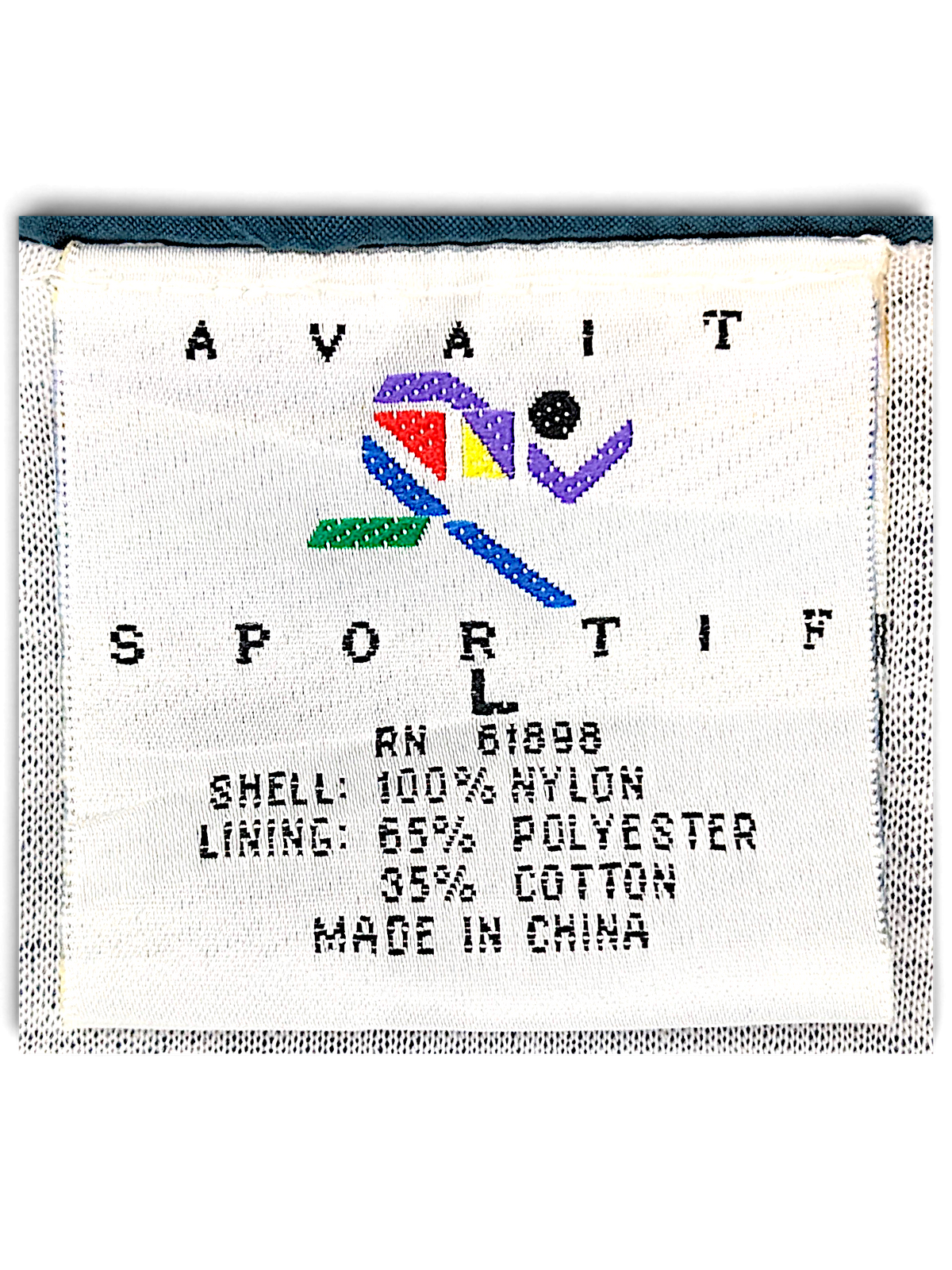 Avait Sportif Blue and Teal Stripe Windbreaker; Avait Sportif label, size L and fibre composition.