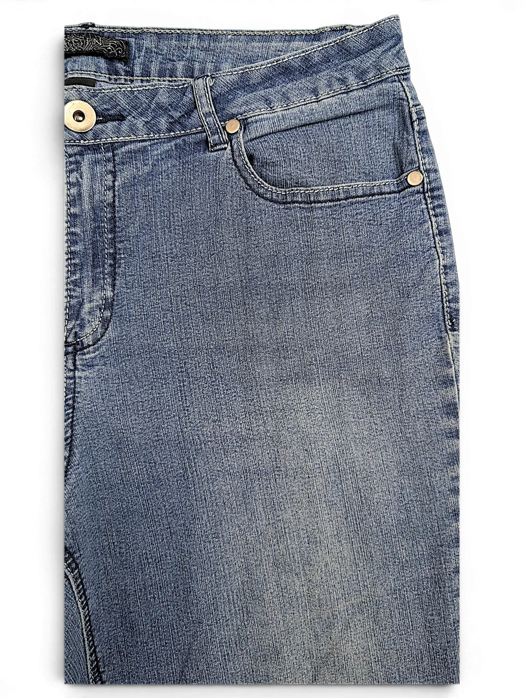JAKE & IPI Baccini straight leg jeans in medium blue denim with silver-tone button and rivet detailing.