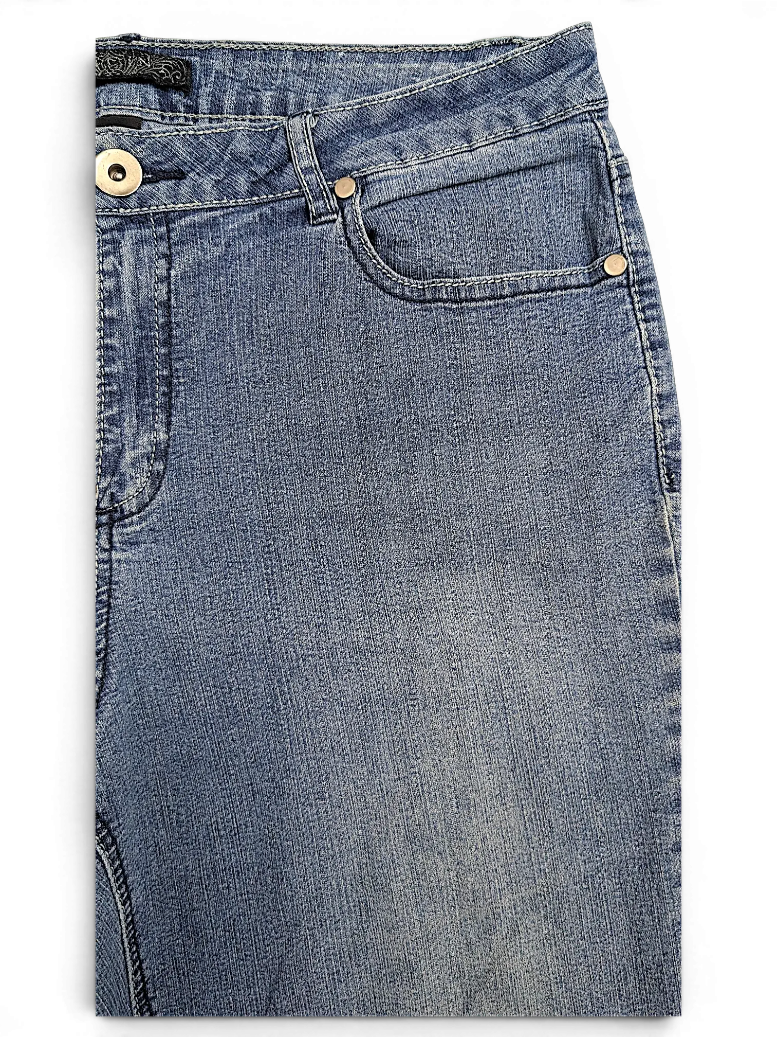 JAKE & IPI Baccini straight leg jeans in medium blue denim with silver-tone button and rivet detailing.