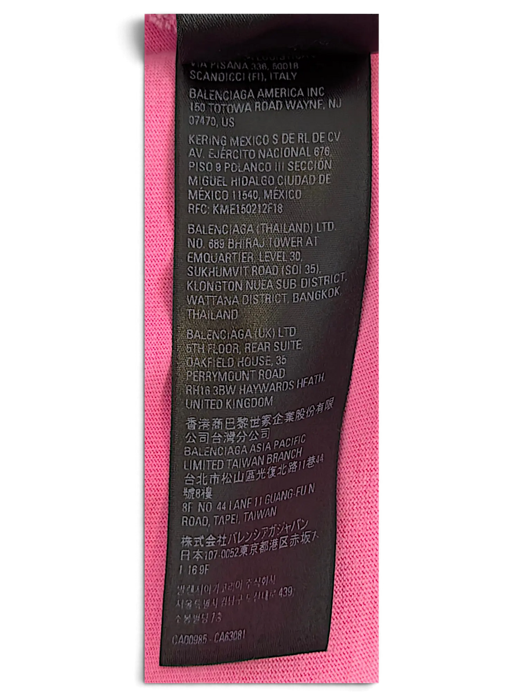 JAKE & IPI Balenciaga x Adidas pink T-shirt interior care label with international manufacturing details