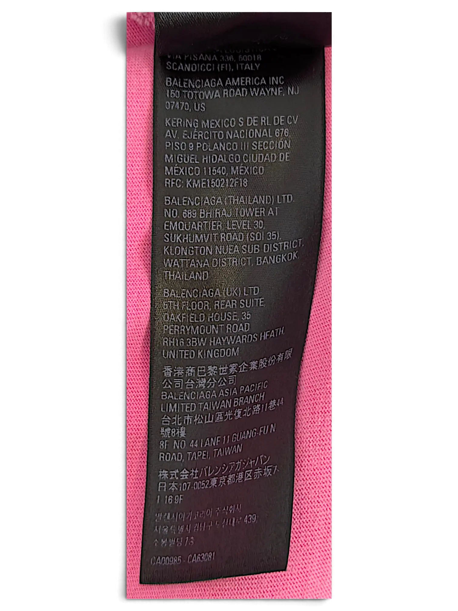 JAKE & IPI Balenciaga x Adidas pink T-shirt interior care label with international manufacturing details