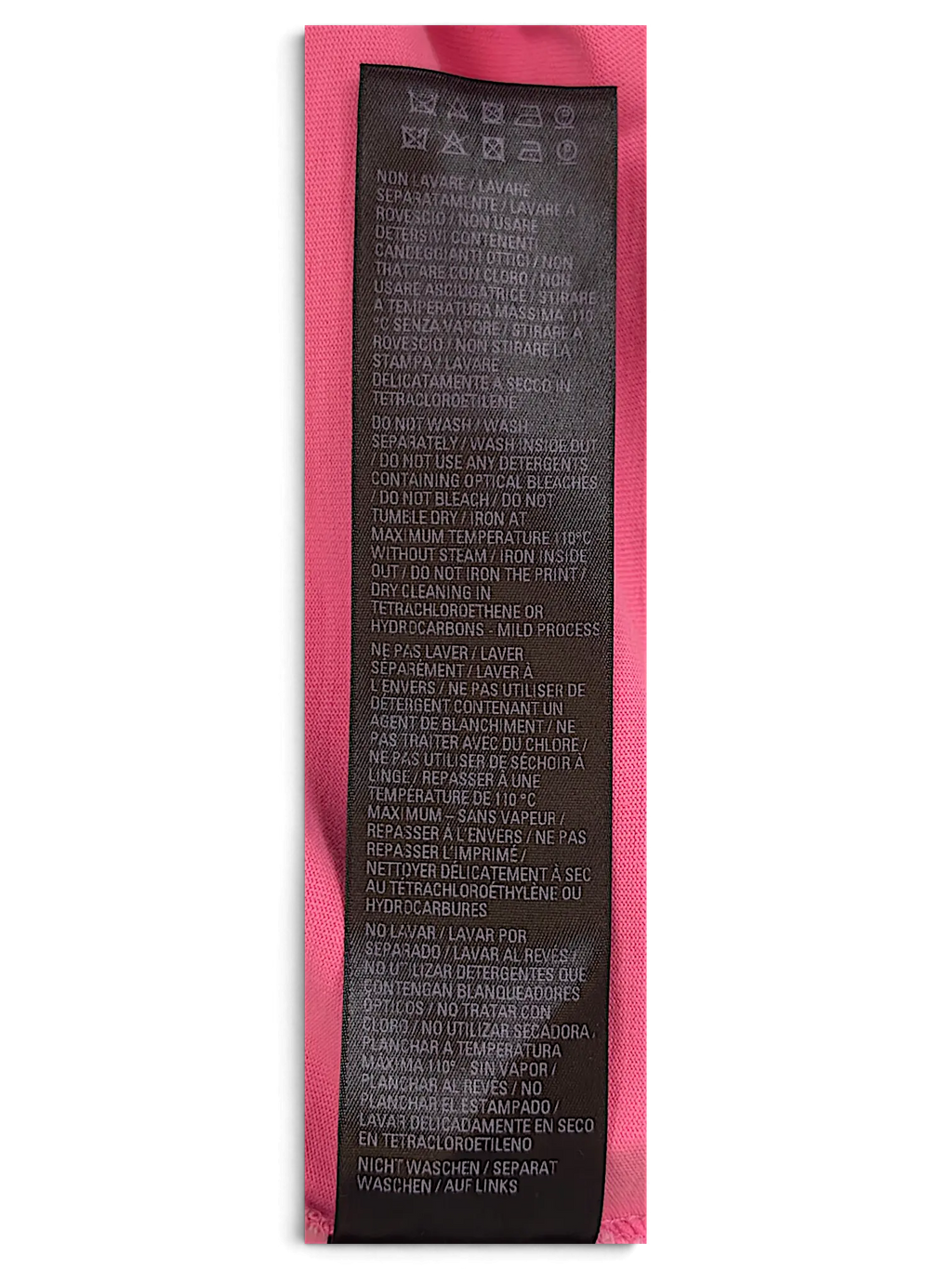 JAKE & IPI Balenciaga x Adidas pink T-shirt care label with washing instructions in multiple languages