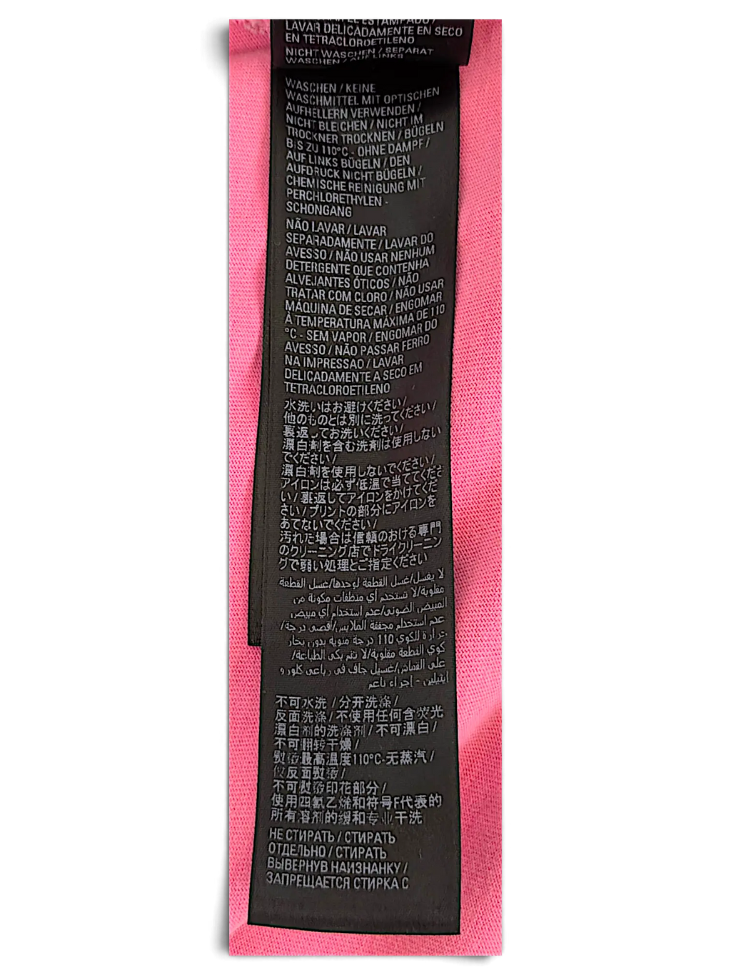JAKE & IPI Balenciaga x Adidas pink T-shirt care label with multi-language washing instructions