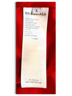 JAKE & IPI Balenciaga x Adidas clothing interior care label with size L and Made in Italy text on red mesh fabric