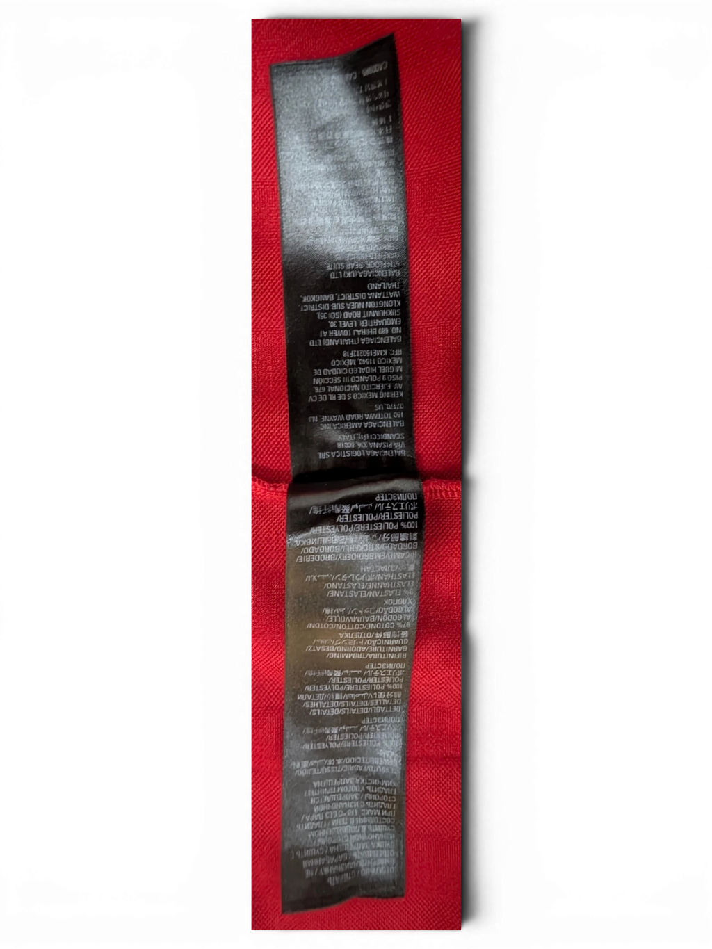 JAKE & IPI Balenciaga x Adidas jersey red fabric care label with multi-language composition and origin details