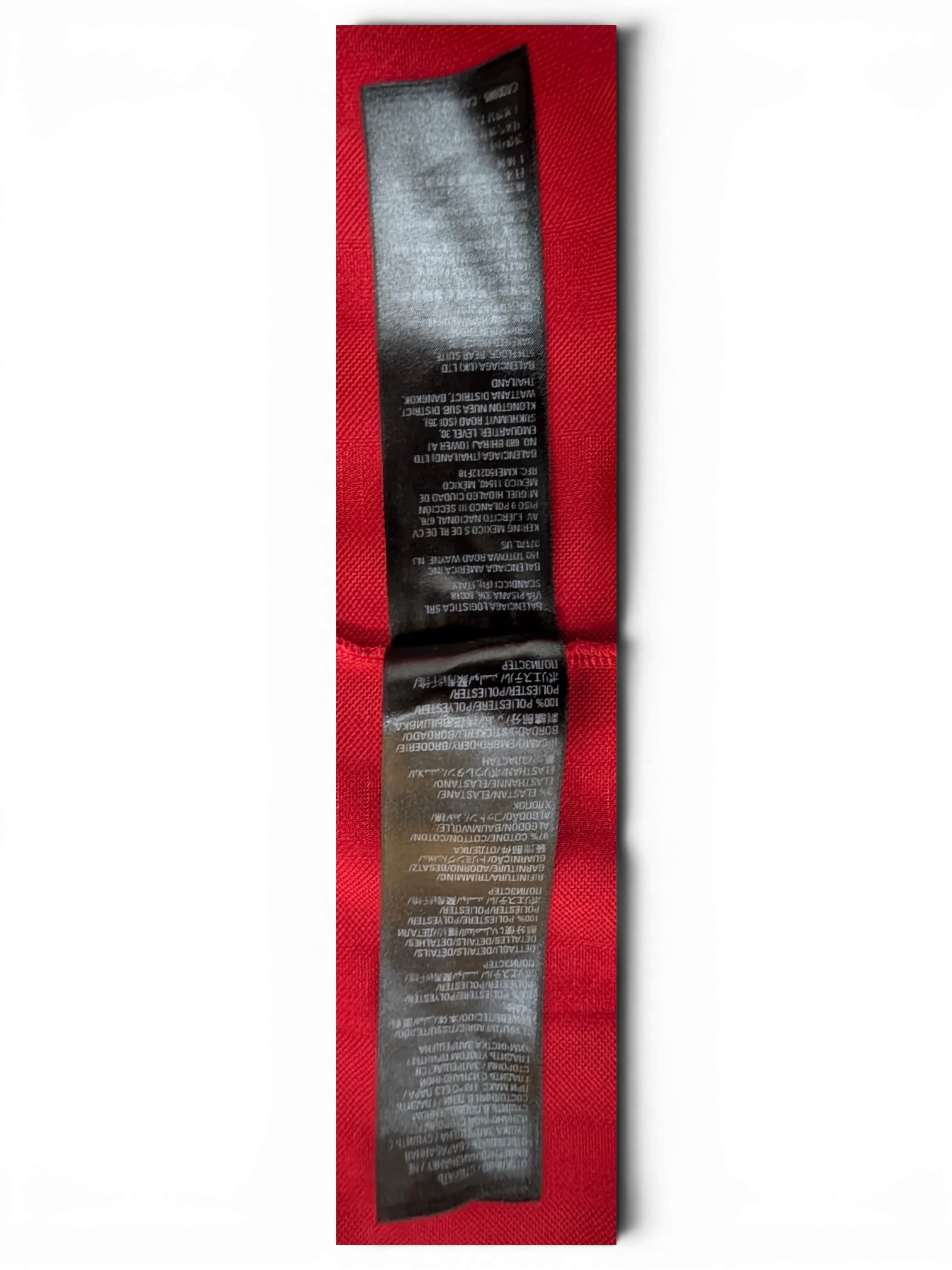 JAKE & IPI Balenciaga x Adidas jersey red fabric care label with multi-language composition and origin details