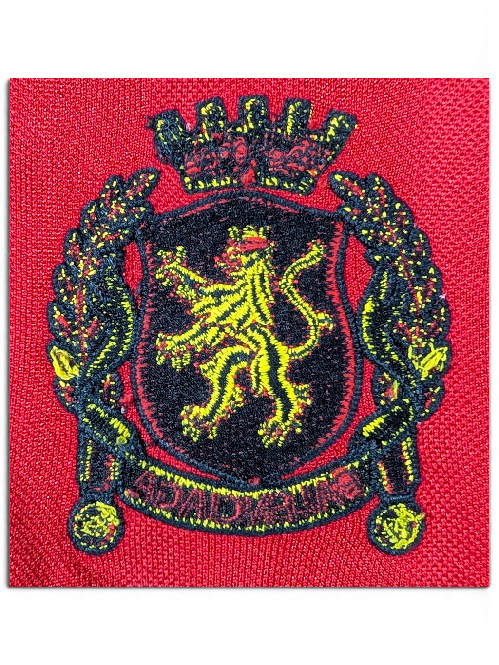 JAKE & IPI Balenciaga x Adidas jersey featuring a detailed red, black, and yellow embroidered lion crest logo.
