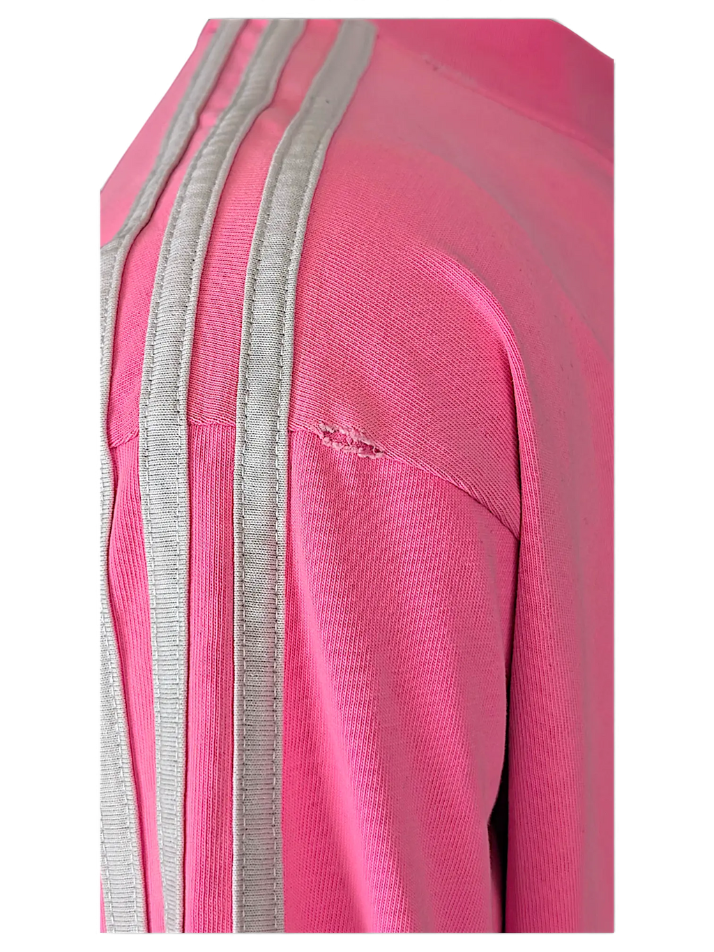 JAKE & IPI pink Balenciaga x Adidas T-shirt featuring signature grey three-stripe sleeve detail and fabric damage.